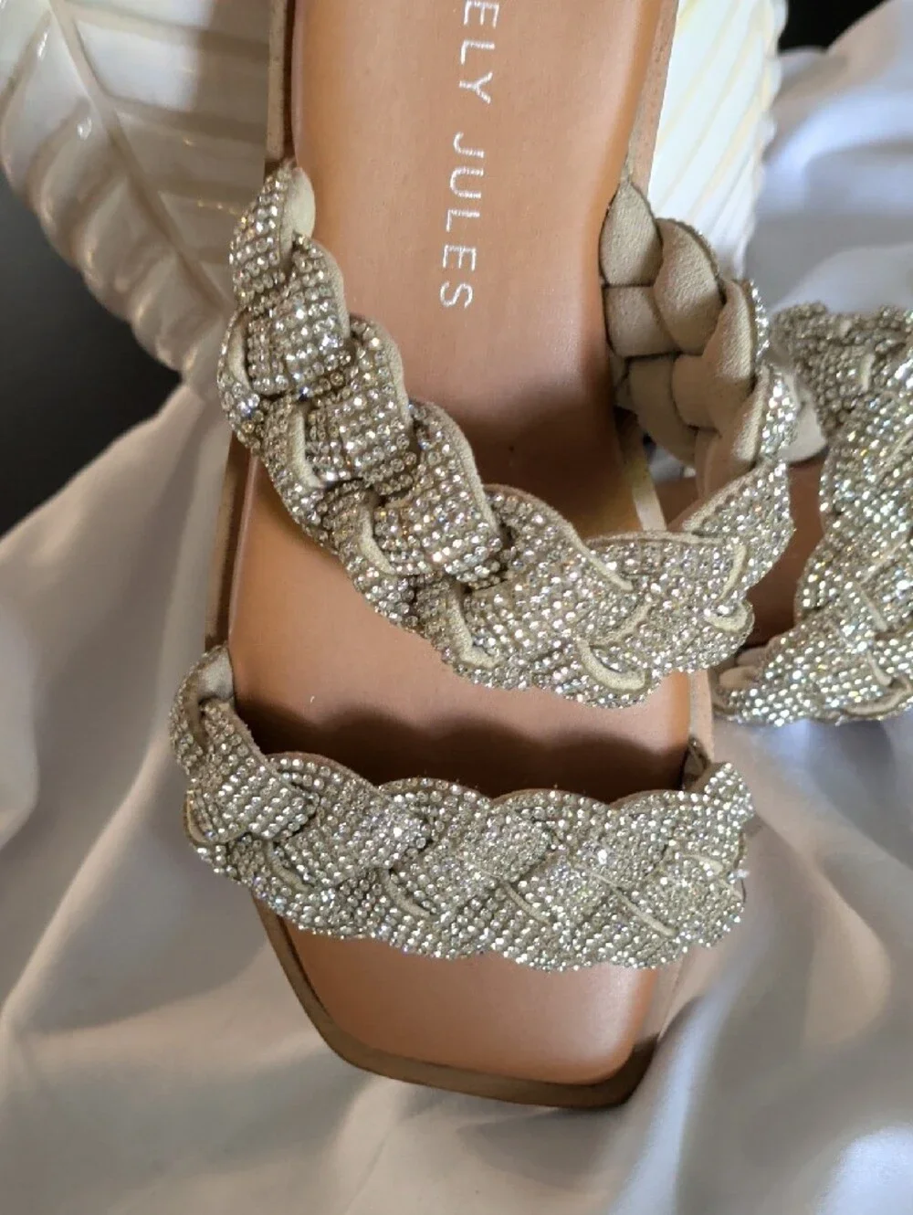 Sincerely Jules Champagne Braided Crystal Slide Sandals